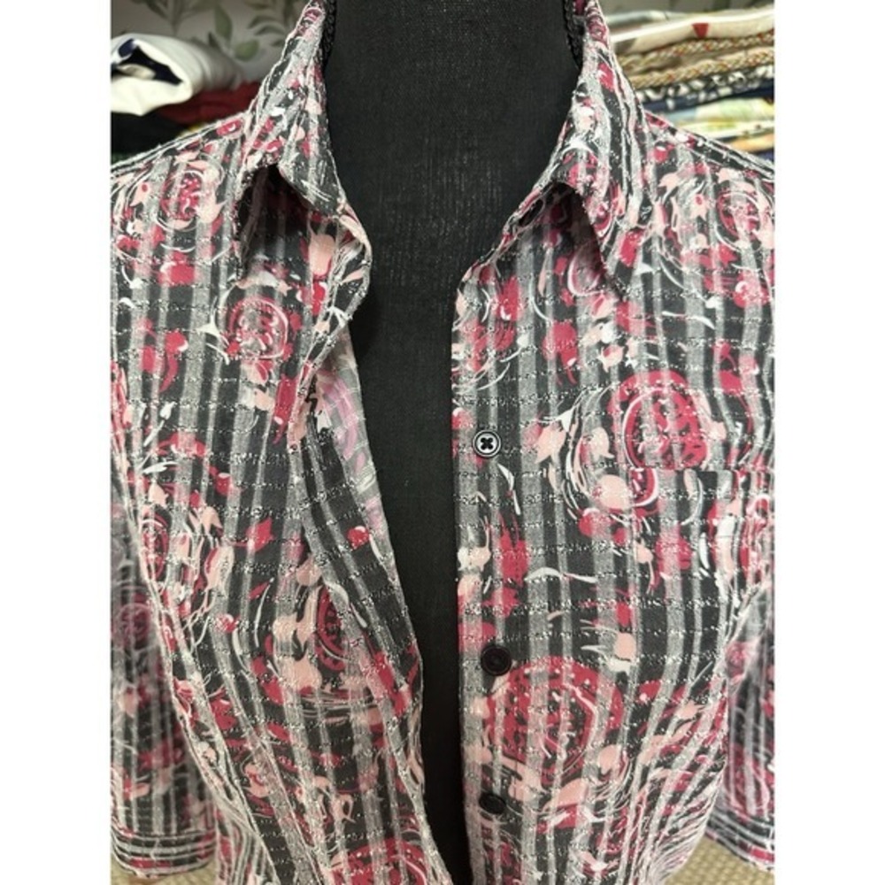 Christopher & Banks Womens Medium Rose Design Black Striped Button Up Sz Small - Picture 3 of 11